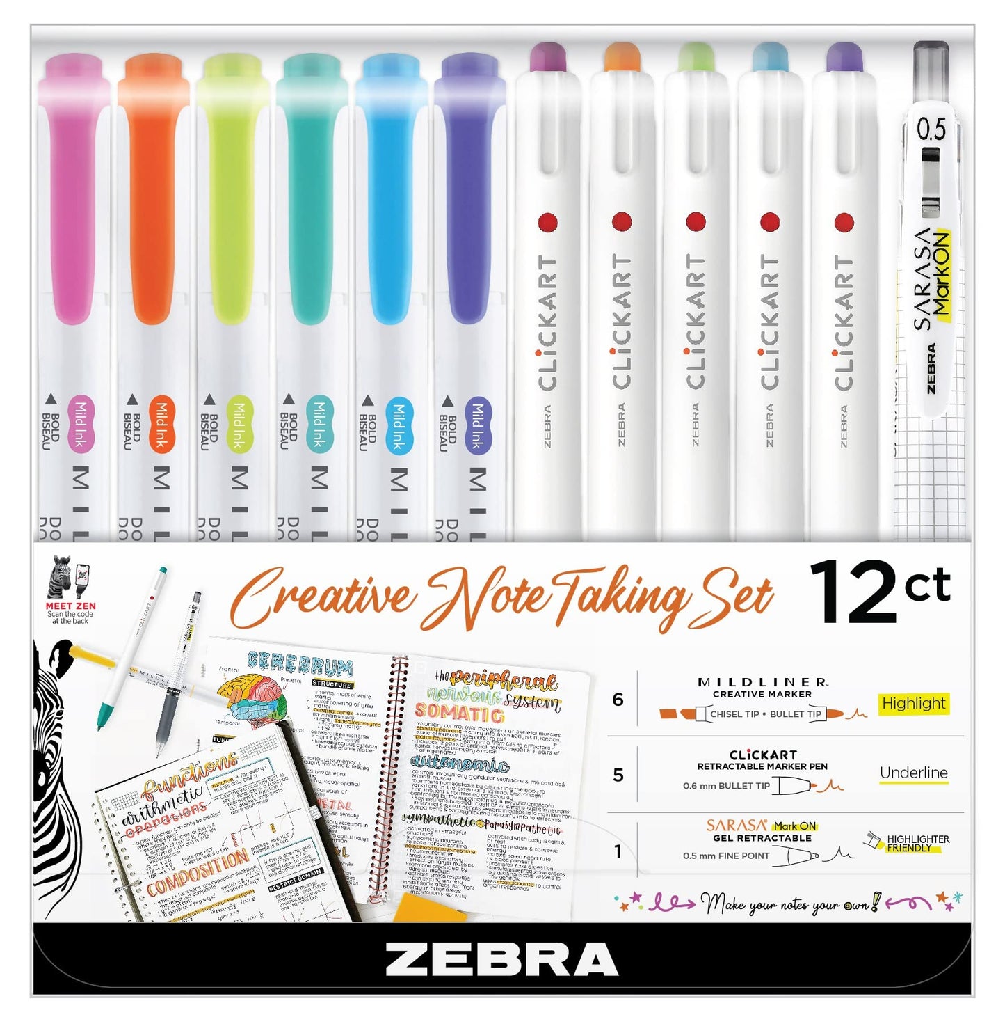 Zebra Pen Notetaking Set, MILDLINER, CLiCKART & SARASA, Assorted, 12-Pack