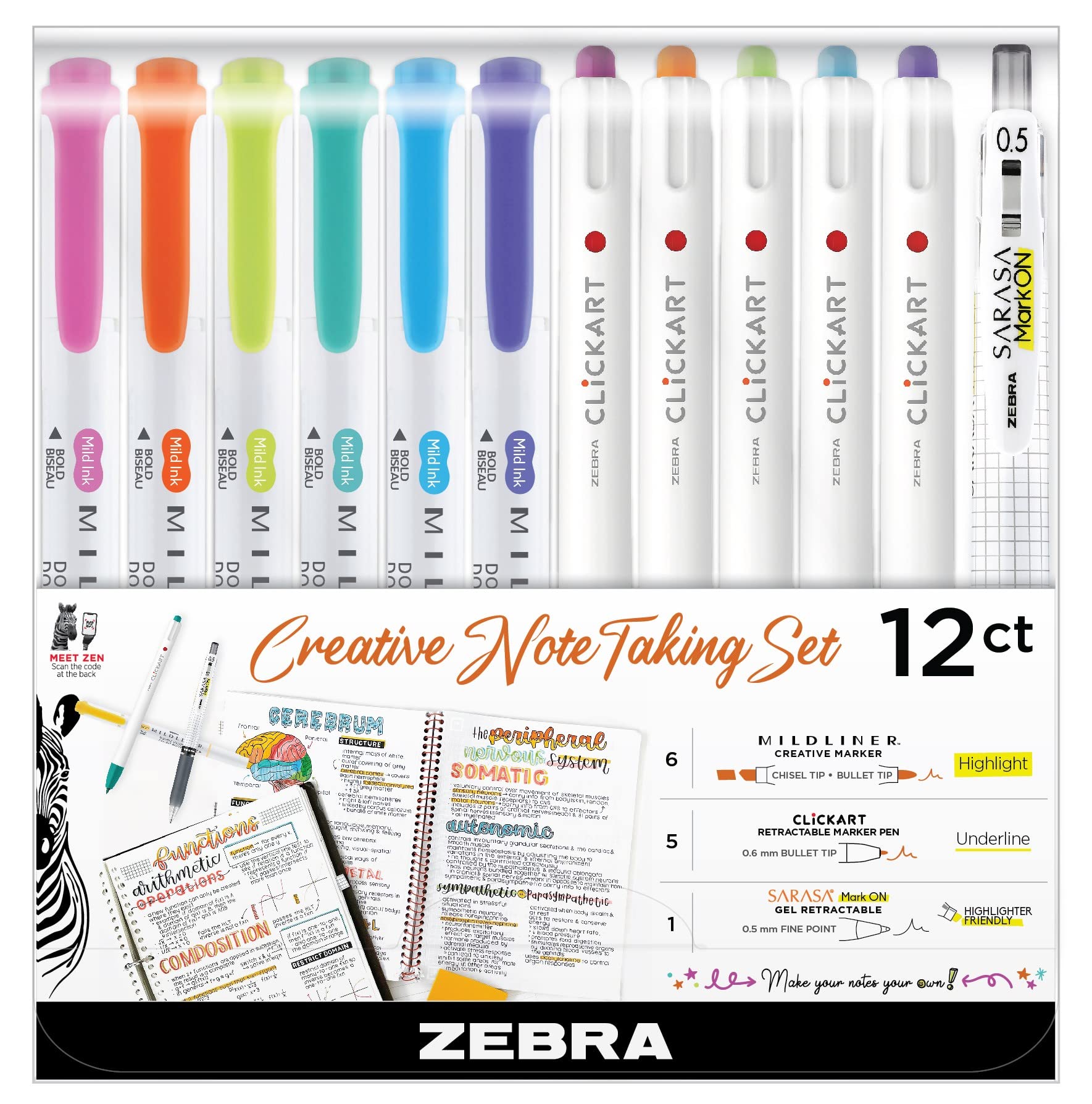 Zebra Pen Notetaking Set, MILDLINER, CLiCKART & SARASA, Assorted, 12-Pack