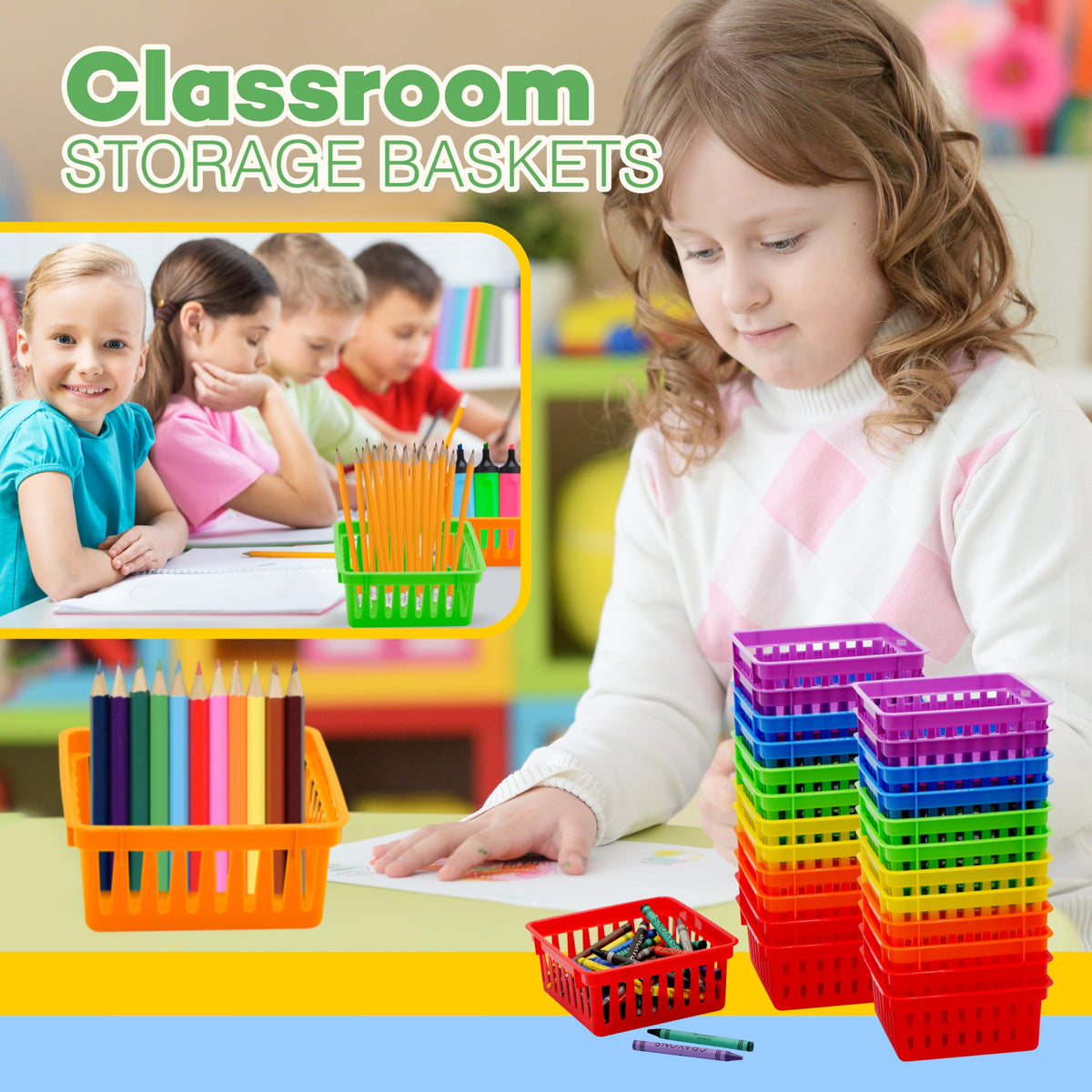 4E's Novelty 24 Pack Small Classroom Storage Baskets, Pack Bulk, Square 4.5" Sturdy Plastic