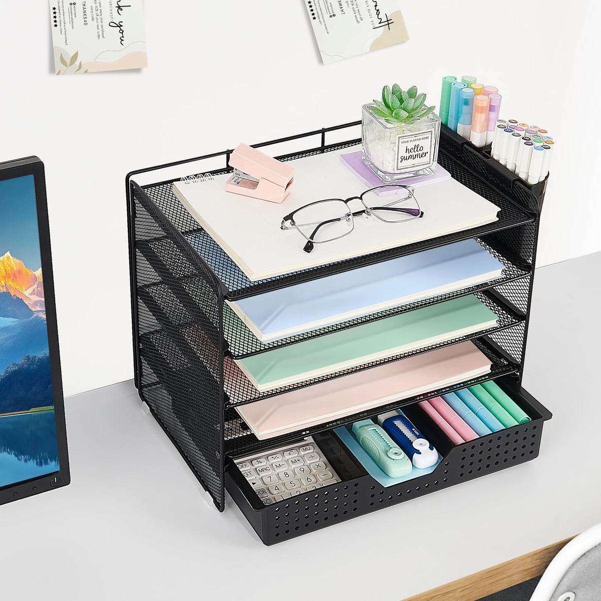 LEKETREE Desk Organizer and Accessories, 5-Tier Paper Letter Tray Organizer with Drawer & 2 Pen