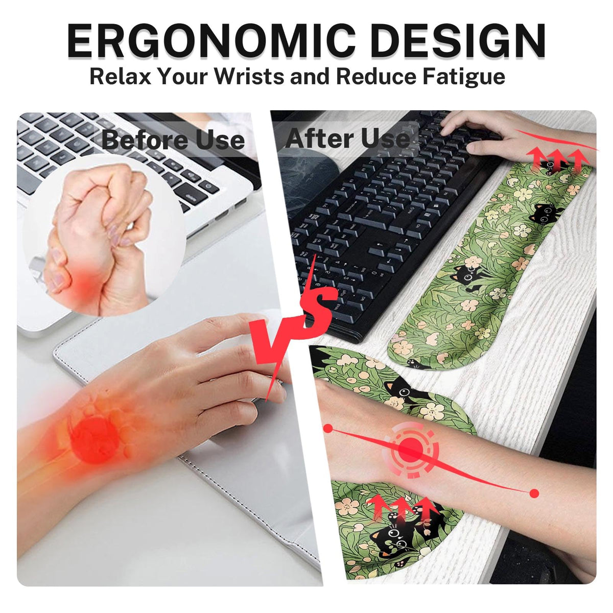 Arttown Keyboard Mouse Pad Set, 4 in 1 Desk Mat Set Black Cat