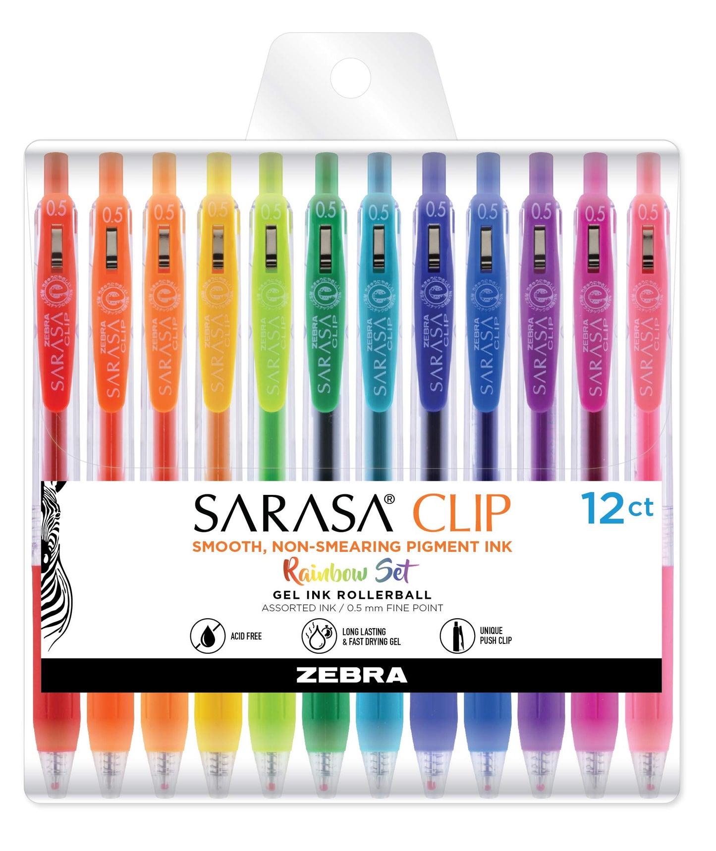 Zebra Pen SARASA Clip Retractable Gel Pen, Rainbow Assorted Ink, 12-Pack
