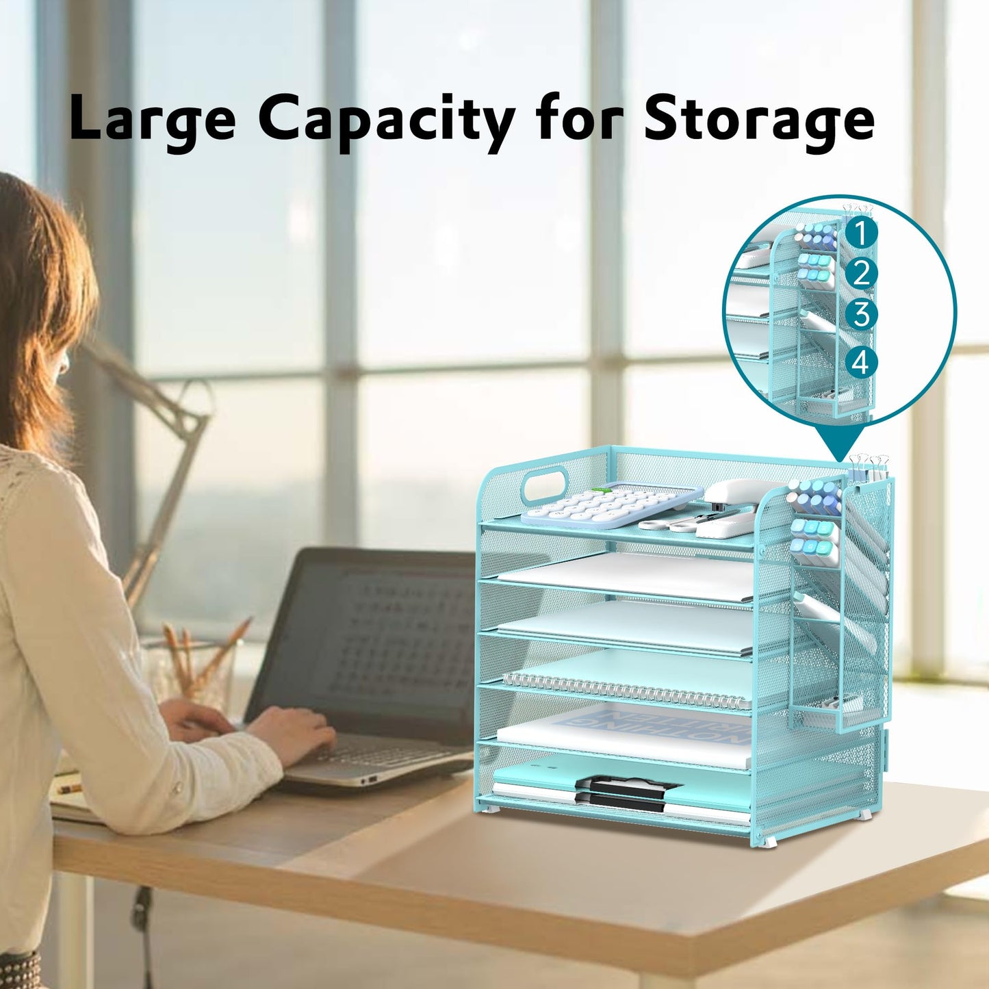 Supeasy 6 Tier Desk Organizer with 4 Pen Holders & Mesh Paper Trays Blue