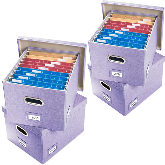 PRANDOM File Organizer Box - Set of 4 Collapsible Decorative Linen Filing Storage Hanging File