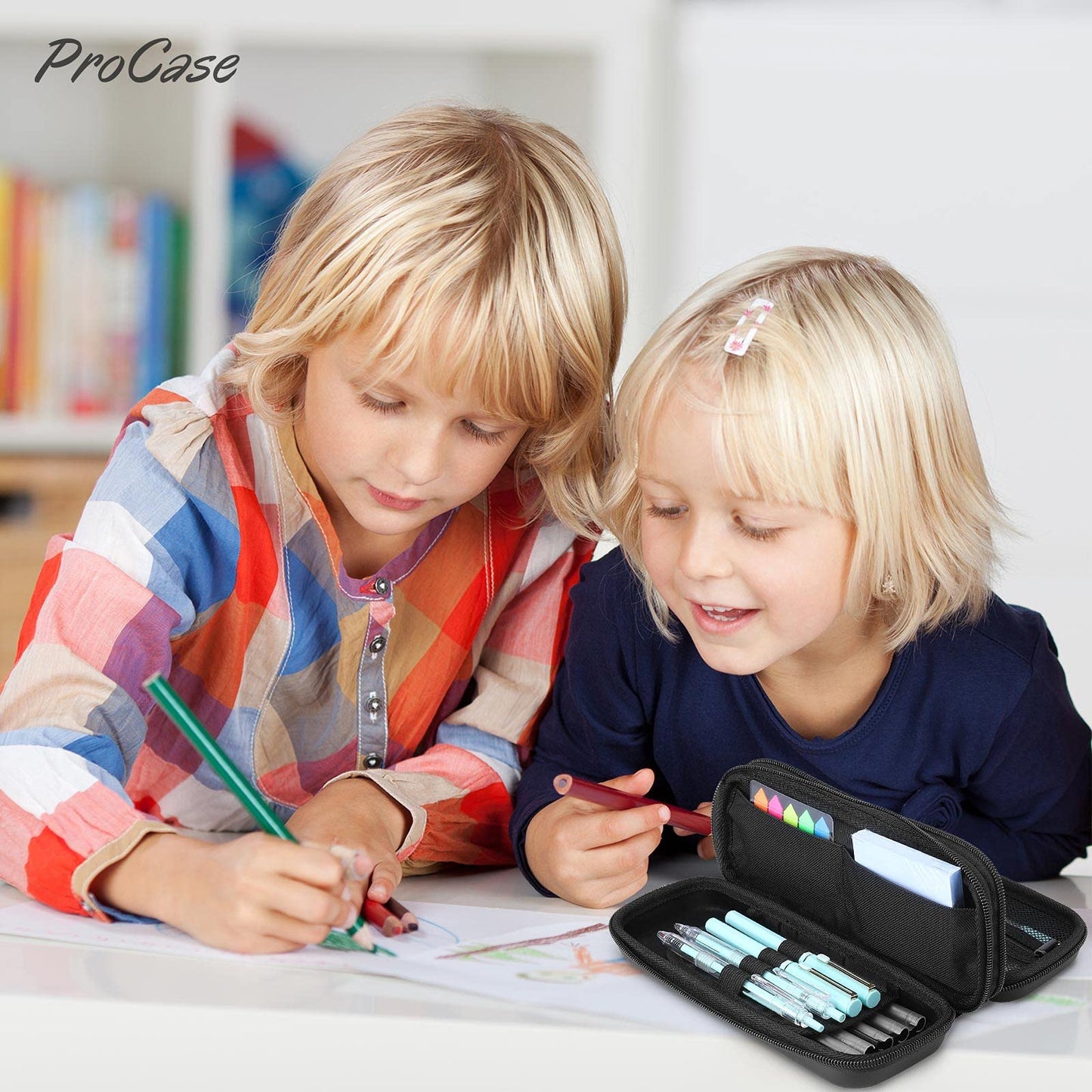 ProCase 2-Layer Hard Pencil Case, Large Capacity Storage Box Pouch, Black