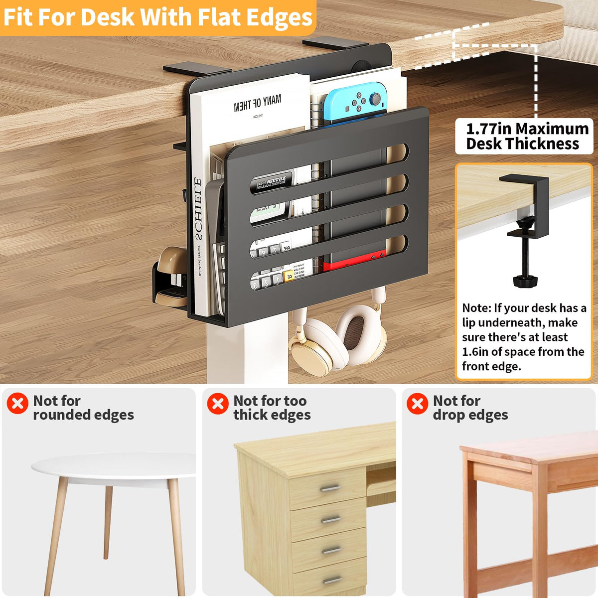 ROLIZOE Space Saving Desk Side Storage No Drilling Under Desk Laptop Holder with Headphone Holder