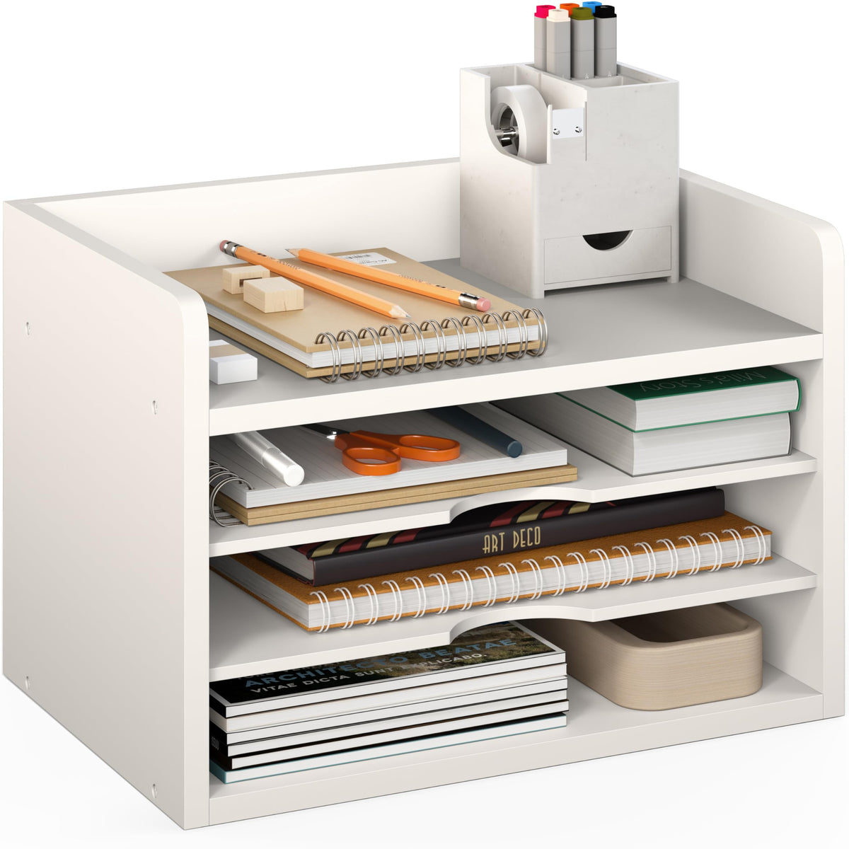 Ballucci File Organizer, 4-Tier Office Desk Organizer, Open Top Wood Paper Organizer for Classroom