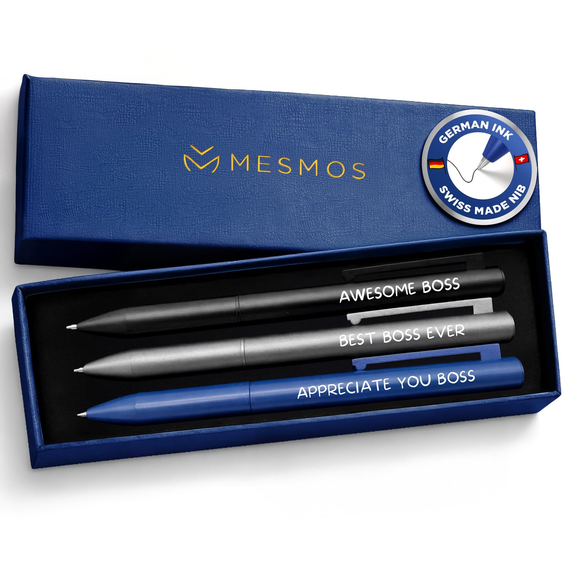 MESMOS 3pk Fancy Pens for Men, German Made Ballpoint Ink 1mm Medium Tip, Best Boss Gifts for Men