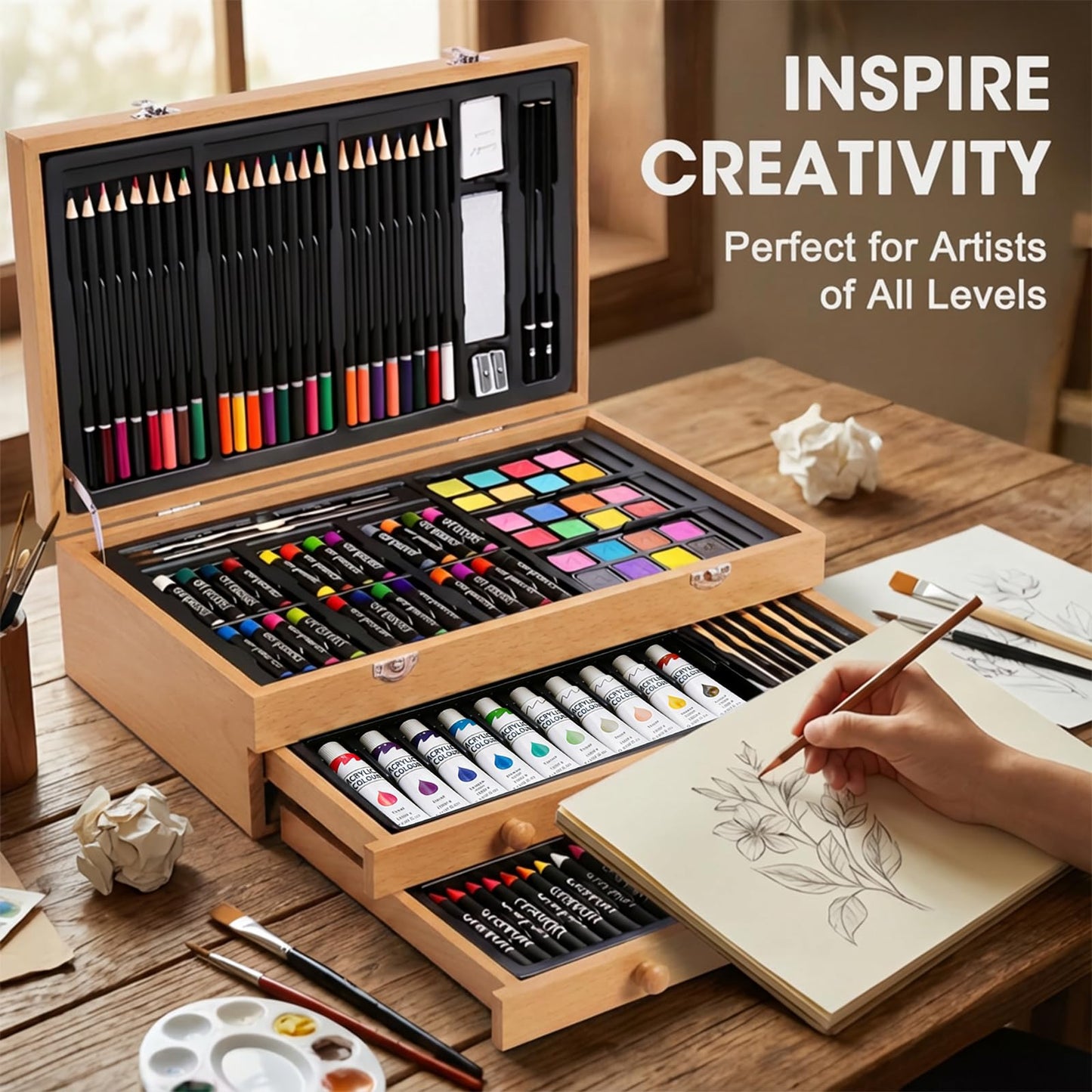 175-Pack Deluxe Wooden Art Set Drawing Painting Kit with 2 Drawing Pads, Acrylic Paints, Colored