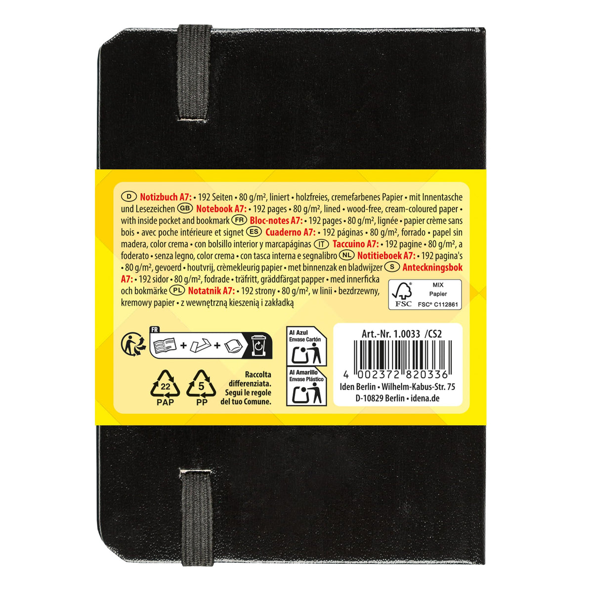 Idena 10033 - Notebook DIN A7 Ruled Cream Paper 192 Pages 80 g/m² Hard Cover in Black, Pack of 1