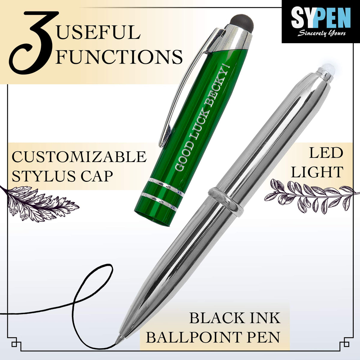 Personalized Pen, 3-in-1 Ballpoint Pen, Touch Screen Pen Stylus, & Flashlight- Customized for Men