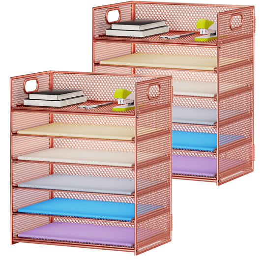 Marbrasse 2 Pack Desk Organizer with Handle, 6 Tier Paper Letter Tray, Mesh Desk File Organizer for