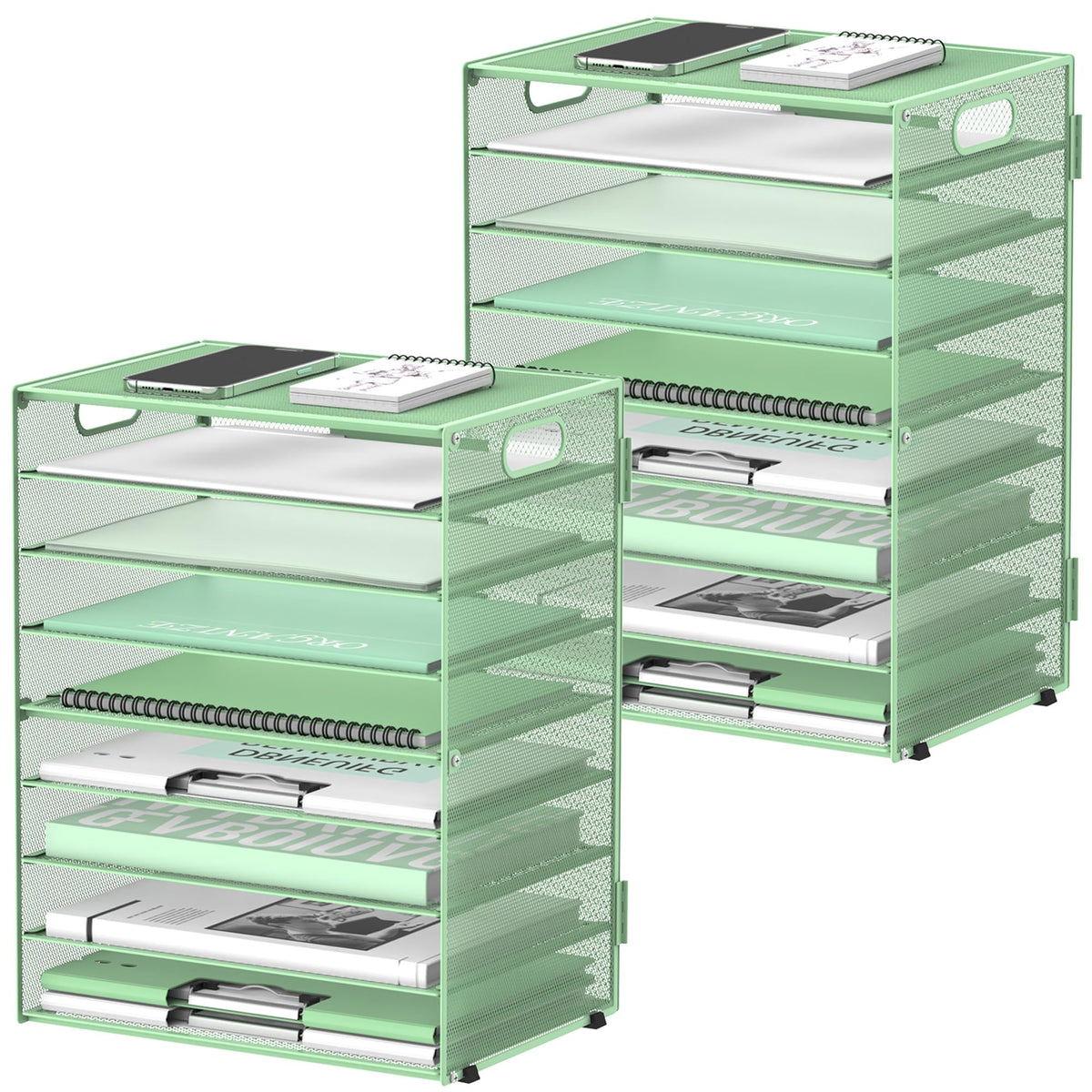 9-Tier Paper Organizer for Desk with Handles, Mint Green, 2 Pack