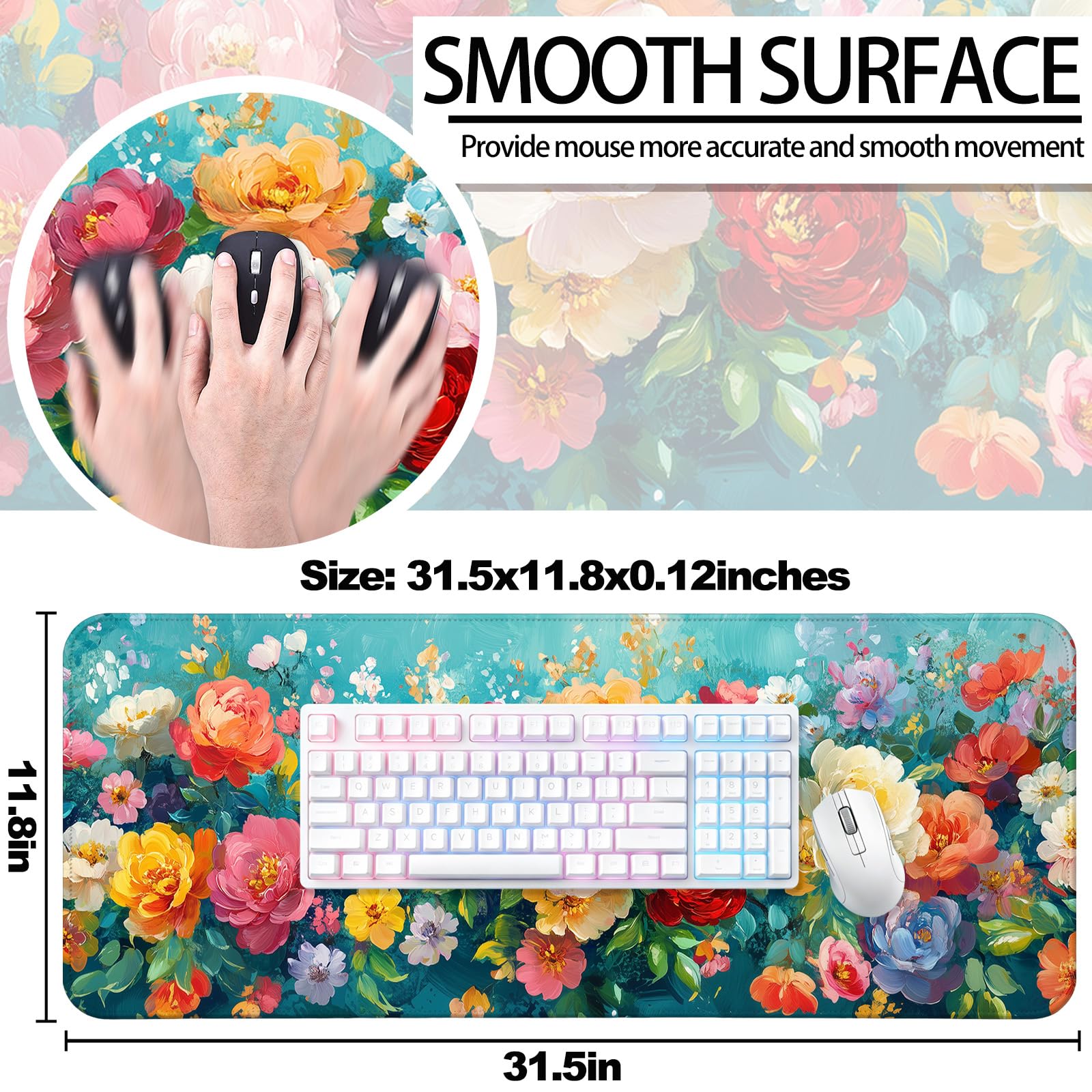JIANG100 Colorful Flower Peony Gaming Desk Mat, Extended Floral Mouse Pad