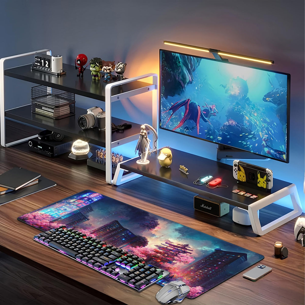 Japanese Fantasy Night City Desk Mat,Large Beautiful Night Scene Gaming Keyboard Mouse Pad,Non-Slip