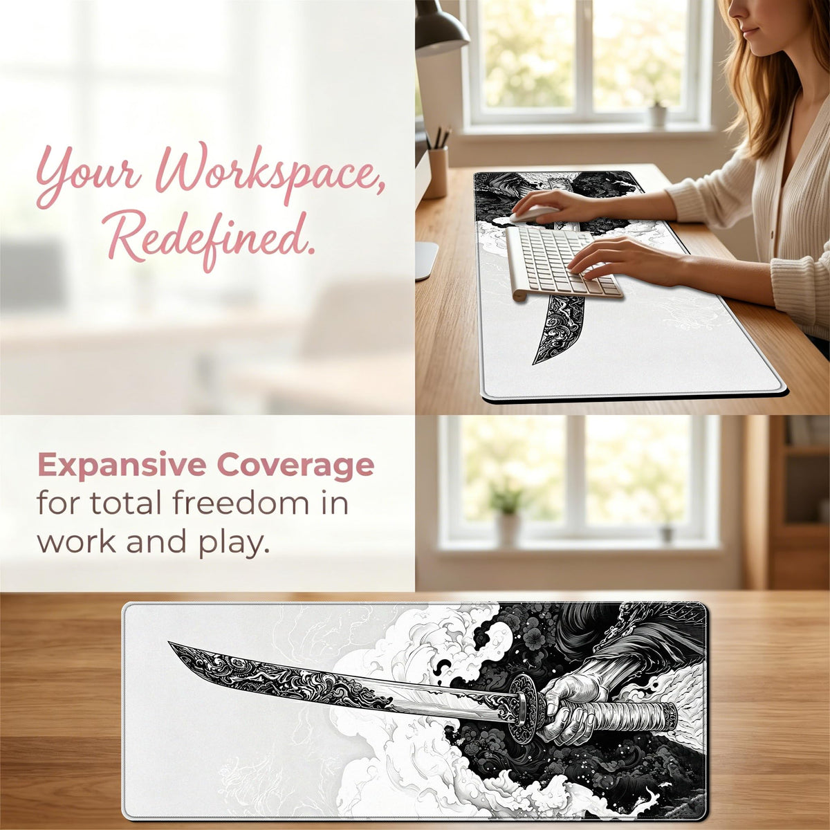 PEPYJAN Black and White Japanese Samurai Sword Game Mouse Pad, Extended Large Desktop Pad, Stitched