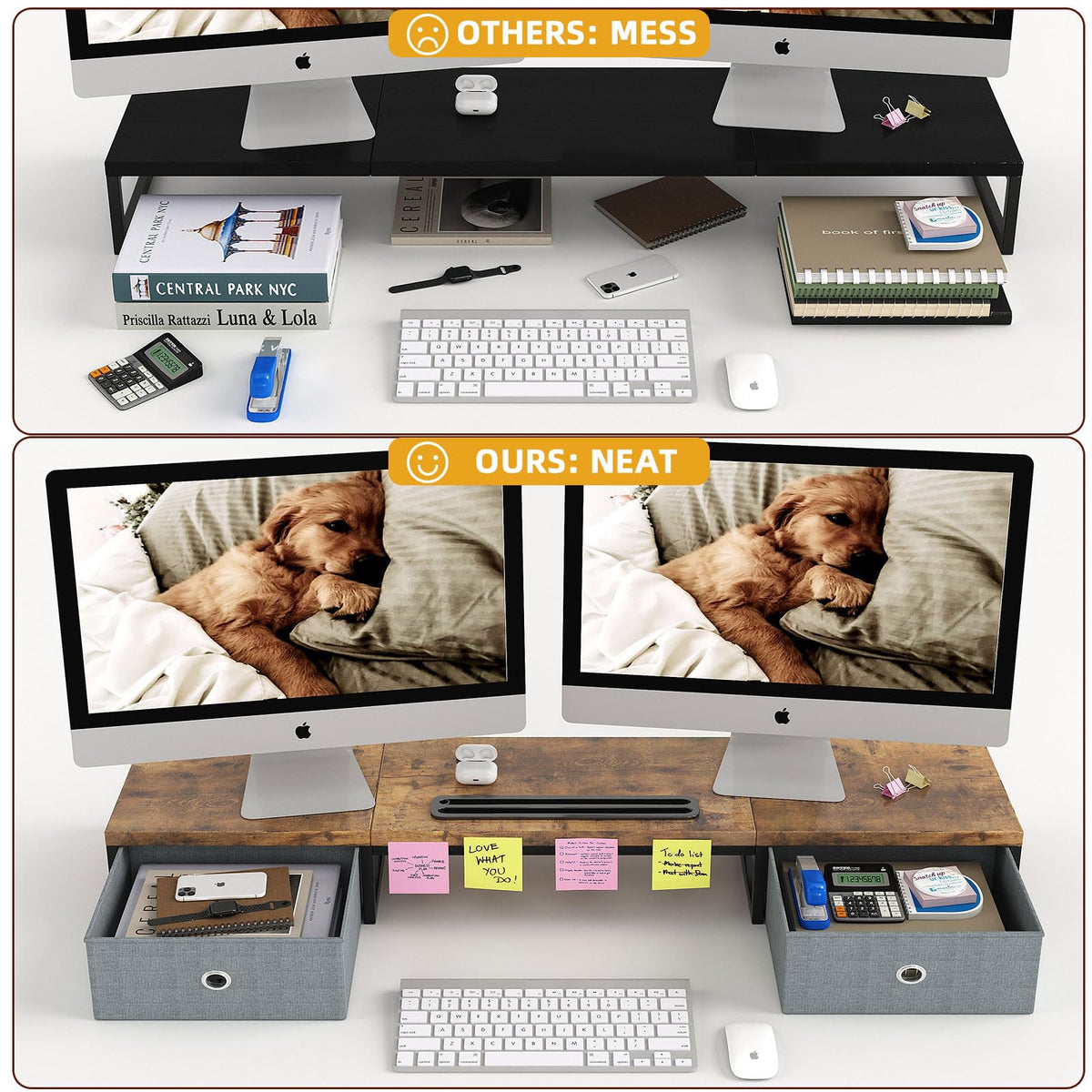 39 Inch Dual Monitor Stand Riser with 2 Drawers - Large Brown Wooden Computer Stand for 2 Monitors