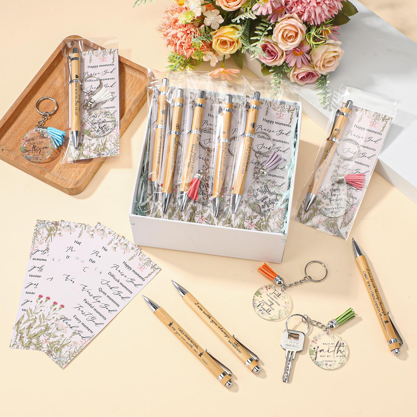 Spakon 50 Sets Christian Gifts Bulk Bible Verse Pens Keychain, Bible
