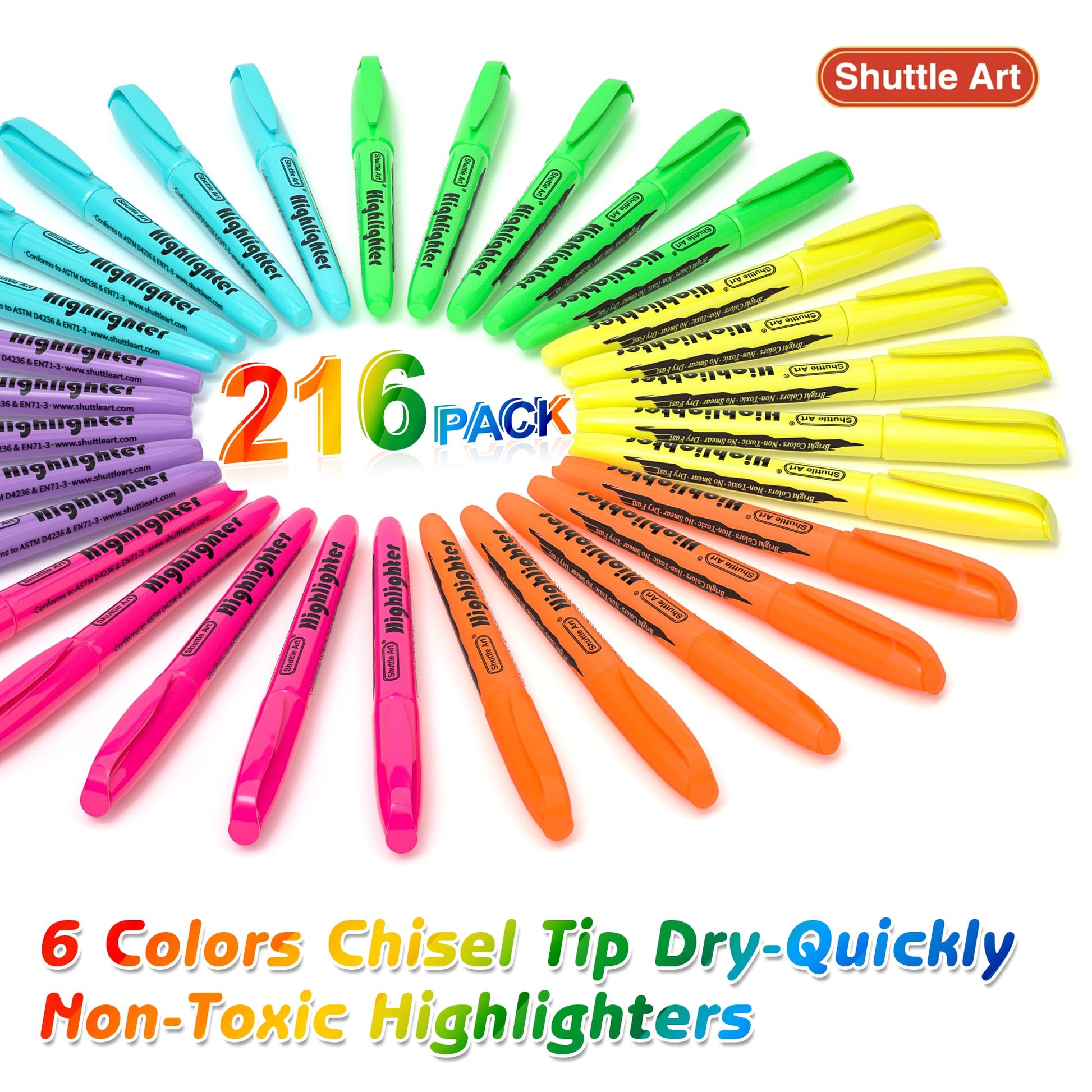 Shuttle Art 216 Pack Highlighters, Assorted Colors Marker Set, 6 Bright Colors Chisel Tip