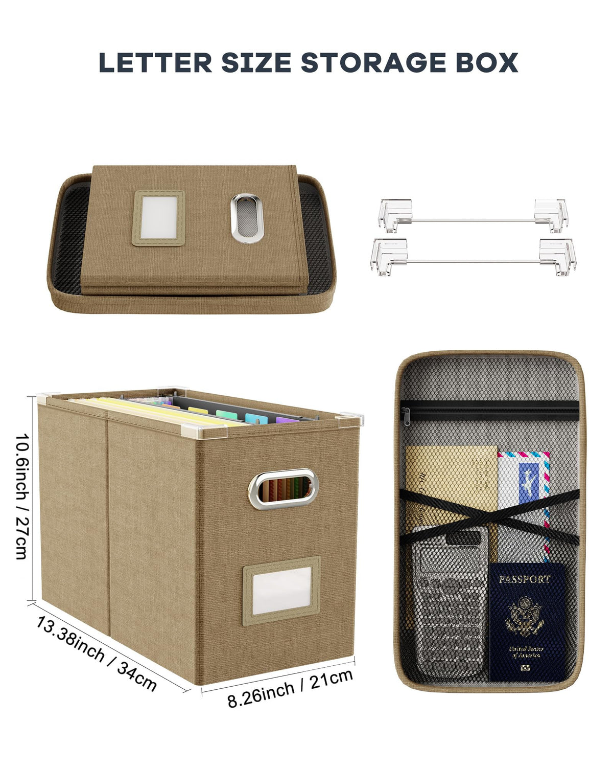 Oterri File Organizer Box with Lid, Hanging Filing File Box with Mesh Pocket, Document Organizer