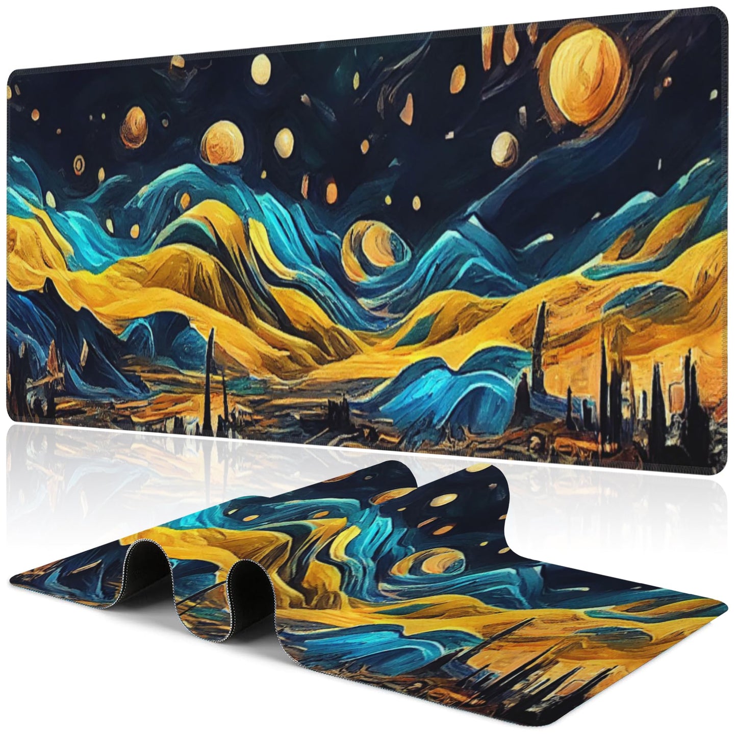 The Starry Night Desk Mat,Large Vincent Van Gogh Oil Painting Gaming Keyboard Mouse Pad,Non-Slip