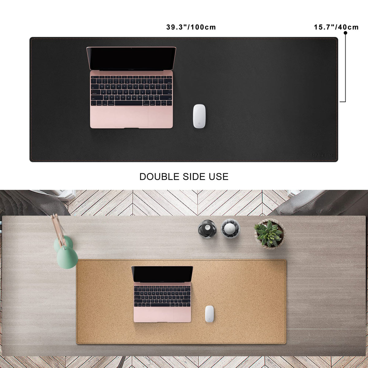 MAIDERN 40' x 16' Cork & Leather Desk Pad, XXL Reversible Gaming Home Office Mat (Black)