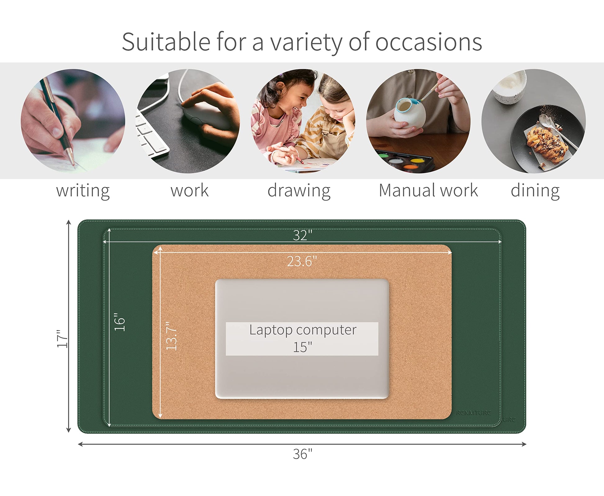 RENMTURE Dual-Sided Mouse Pad, Natural Cork & PU Leather Large Desk Pad for Office and Home Work