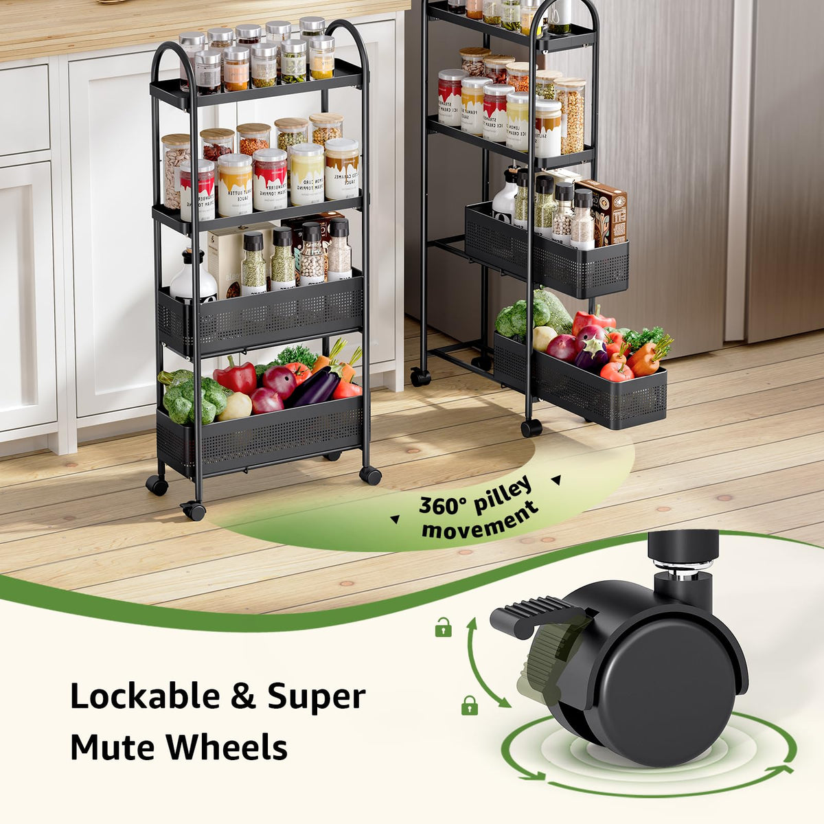 KINGRACK 4 Tier Slim Rolling Cart with Drawer, Metal Utility Storage Cart