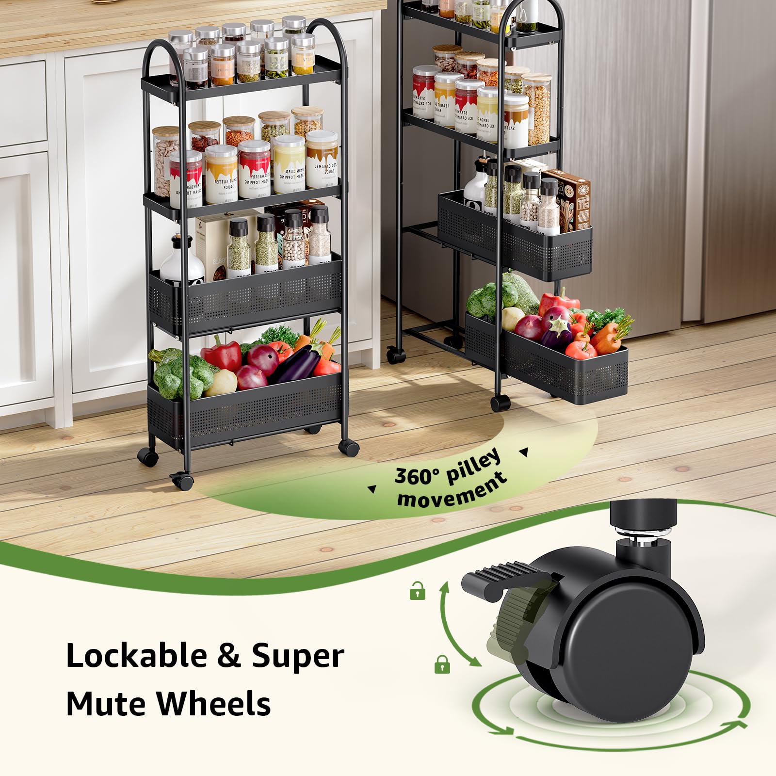 KINGRACK 4 Tier Slim Rolling Cart with Drawer, Metal Utility Storage Cart