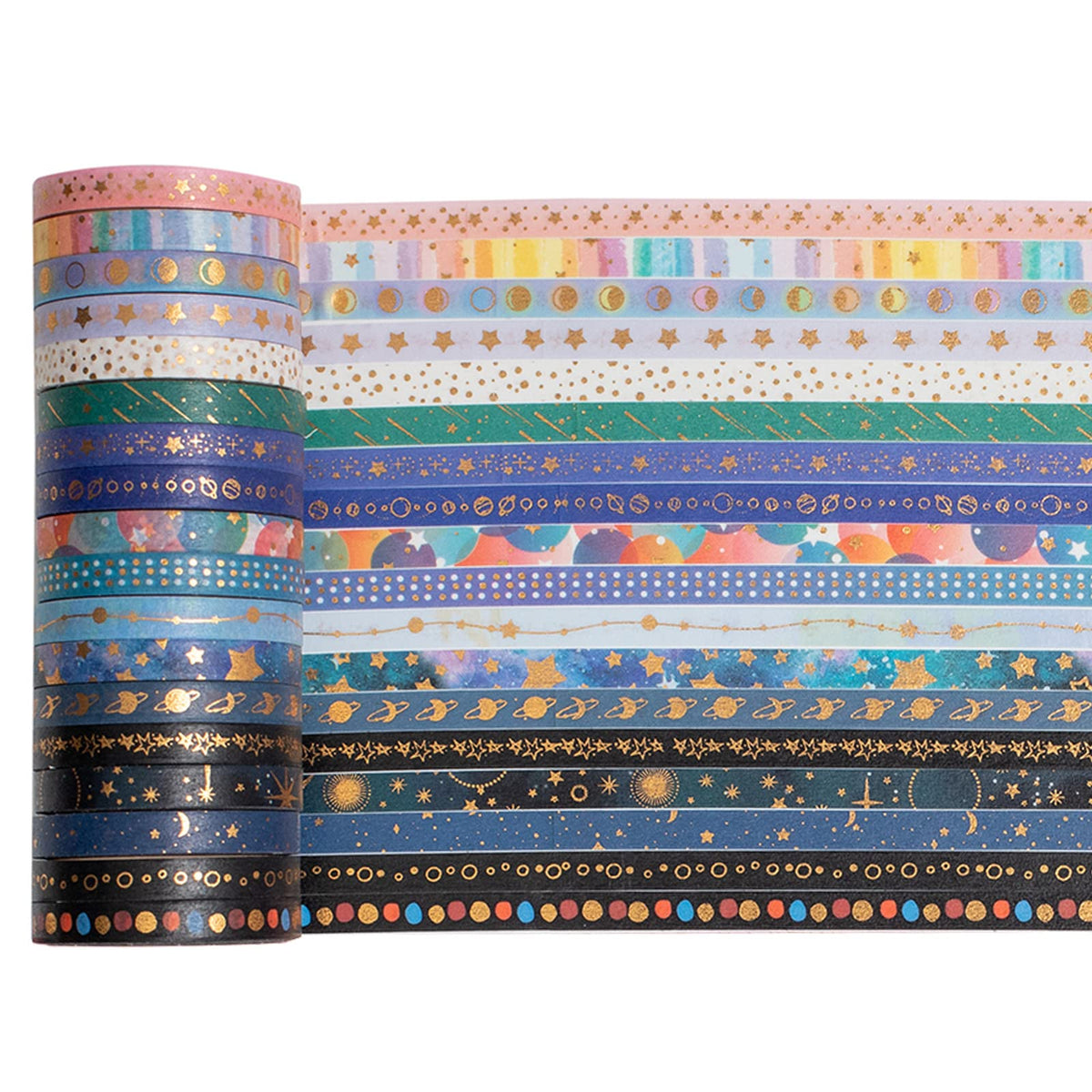 YUBX Skinny Galaxy Washi Tape Set 30 Rolls Gold Foil Decorative Starry Space Masking Tapes for