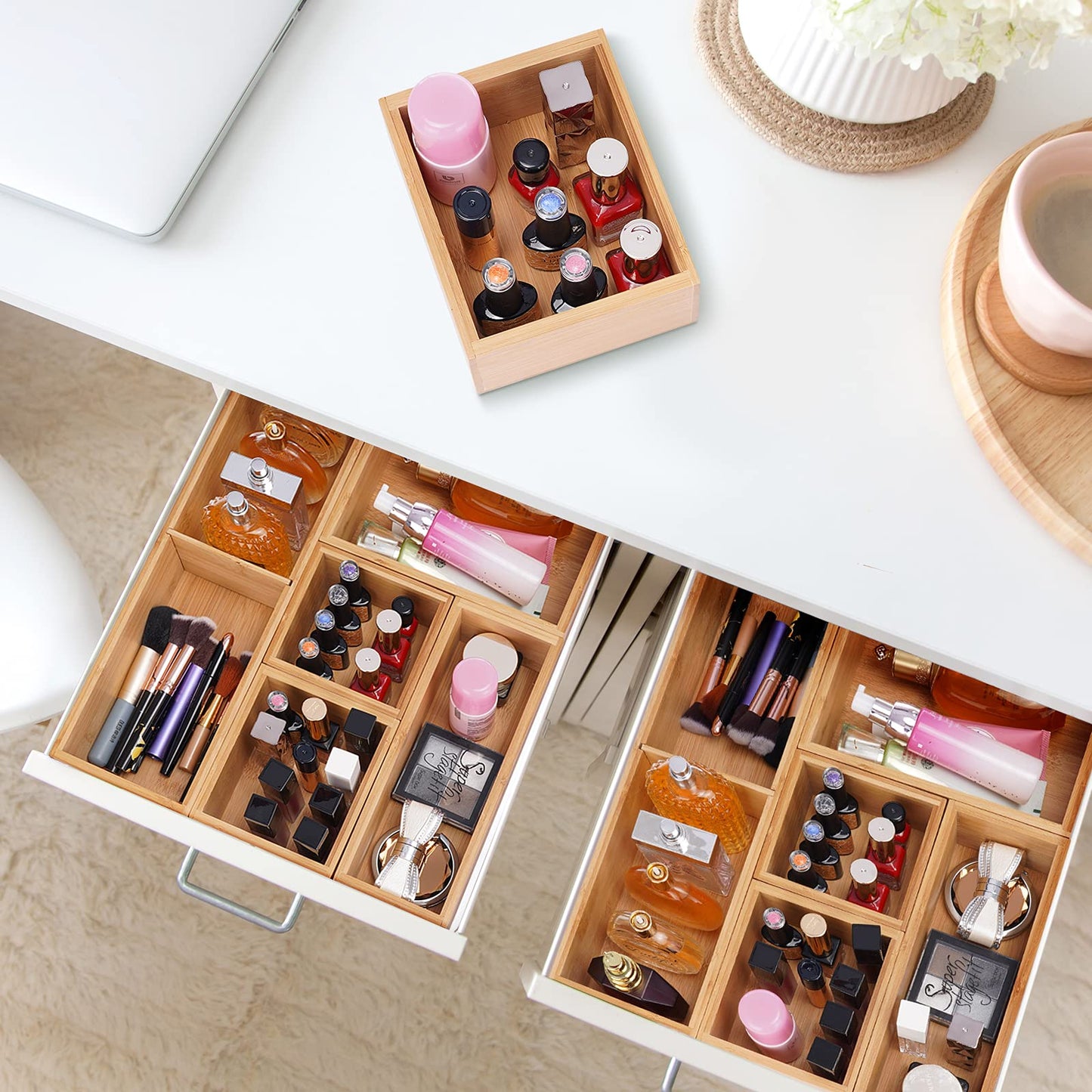 Fabsome Bathroom Drawer Organizer, Bamboo Box Bin for Junk Vanity Desk Makeup Drawer, Small Wooden
