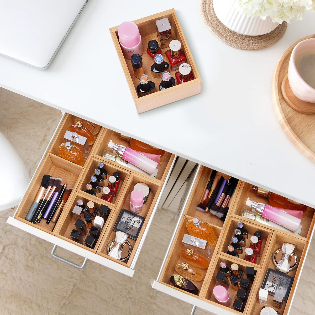 Fabsome Bathroom Drawer Organizer, Bamboo Box Bin for Junk Vanity Desk Makeup Drawer, Small Wooden