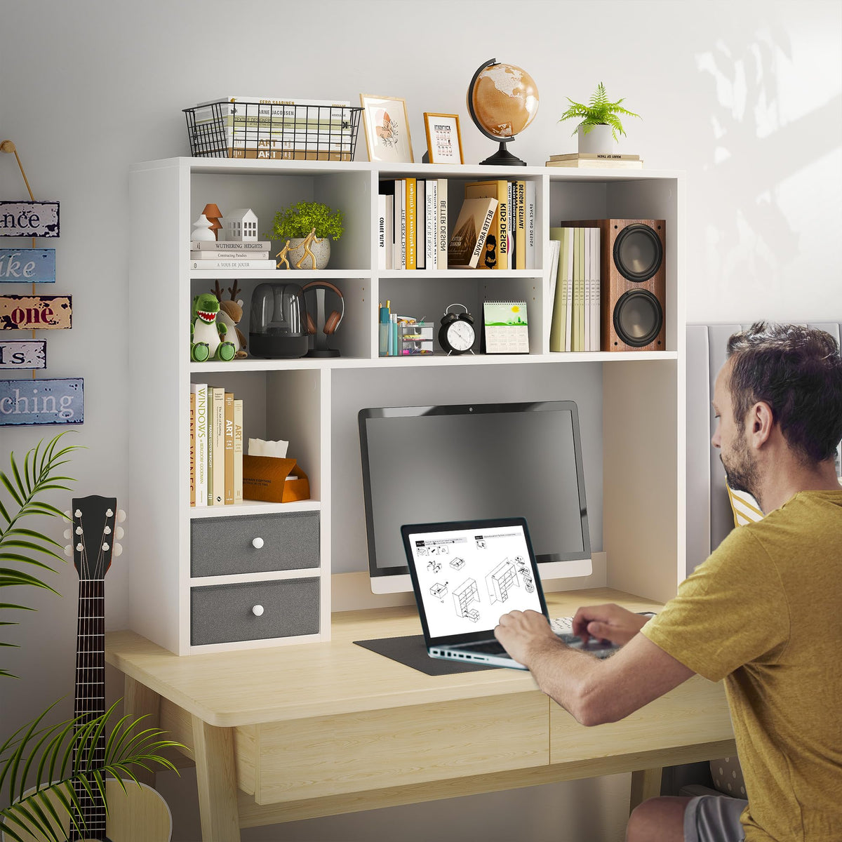 REIBII Desktop Bookshelf, 8 Shelves Desktop Hutch for Dorm Room, White