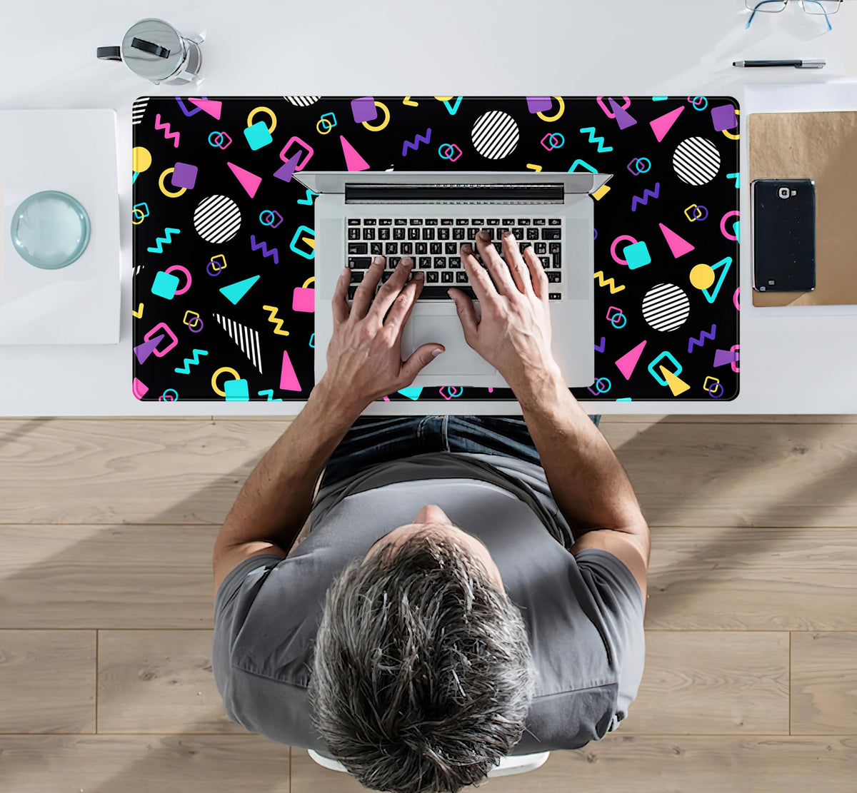 Retro 80s Desk Mat, Cute 90s XXL Large Gaming Mouse Pad, Black Boho Desk Pad with Stitched Edges