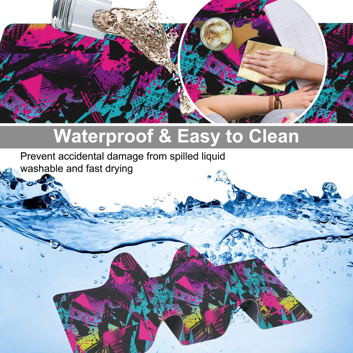 Abstract Grunge Elements Desk Mat,Large Neon Color Patterns Gaming Keyboard Mouse Pad,Non-Slip