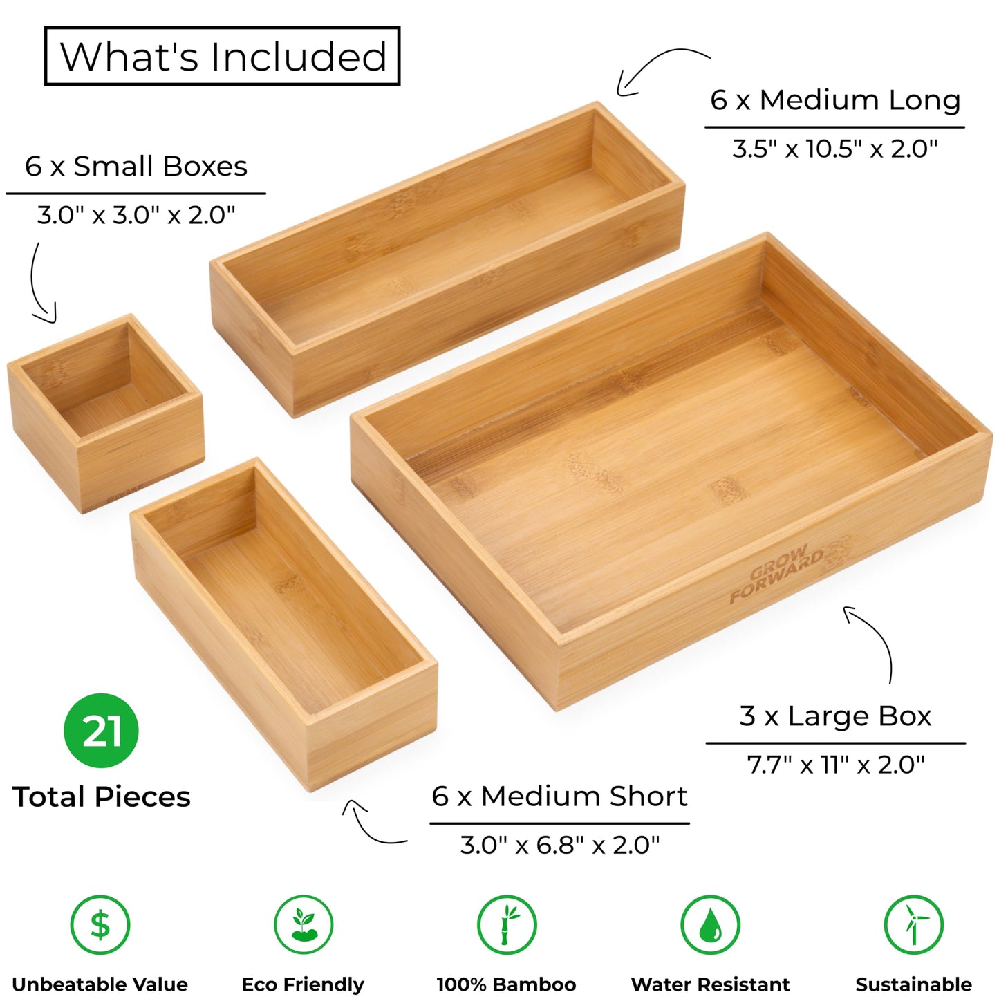 Grow Forward Bamboo Drawer Organizer Boxes - Set of 21 Wooden Drawer Organizers for Kitchen