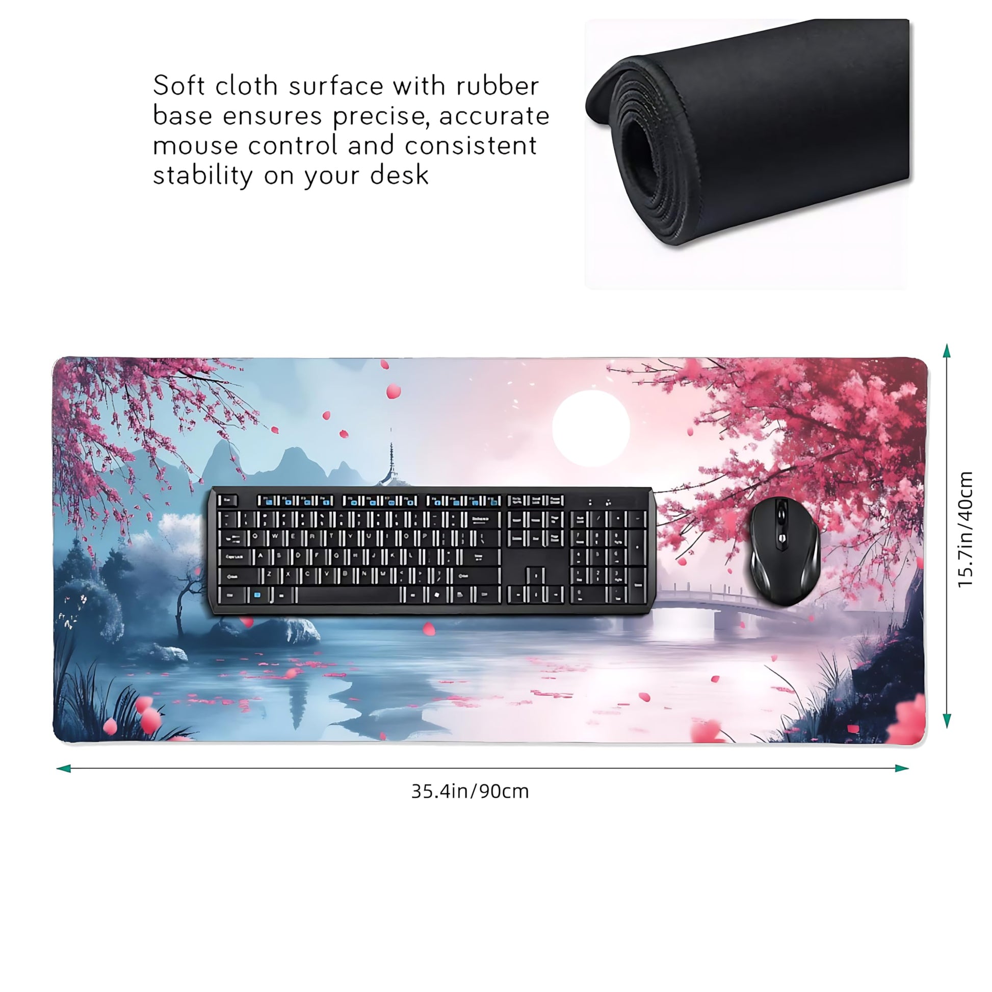 Aesthetic Scenery Gaming Mouse Pad, Blue Pink Japanese Desk Mat with Anti-Slip Base & Stitched