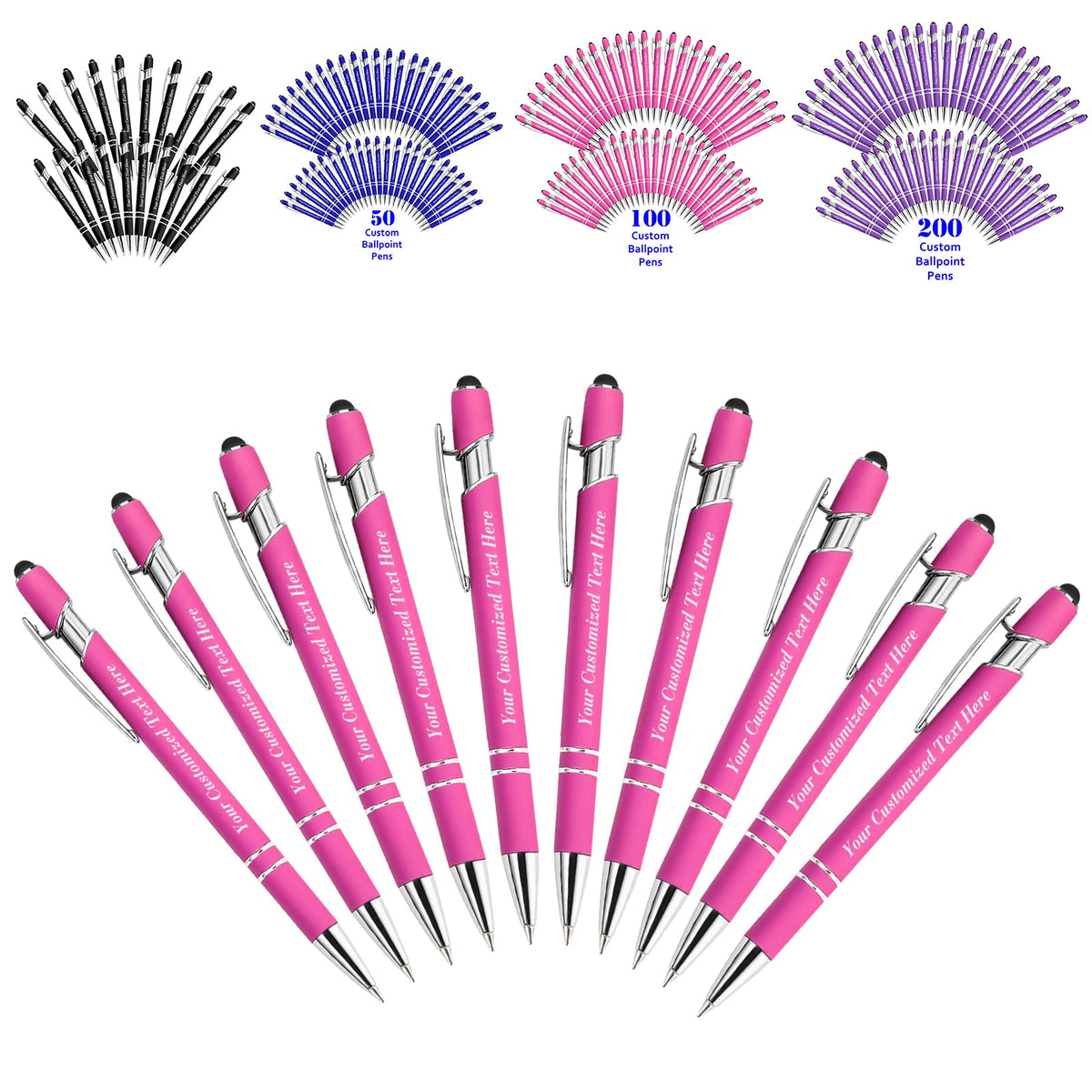 10 Pcs Personalized Pens in Bulk with Stylus Tip - Custom Print with Name 0.5 mm Soft Touch Medium