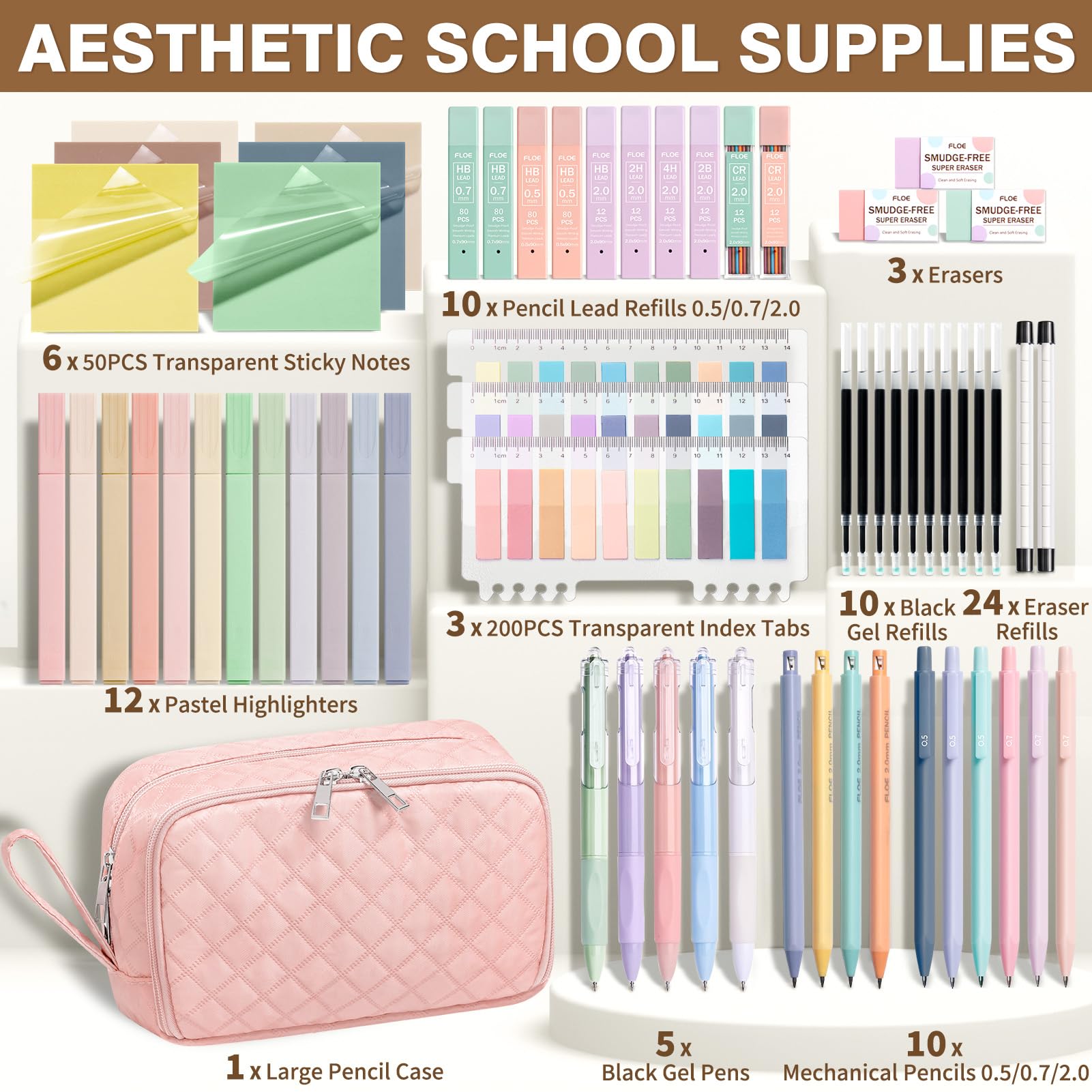 62PCS Aesthetic Back to School Supplies w/ Cute Pencil Case Stationary Set