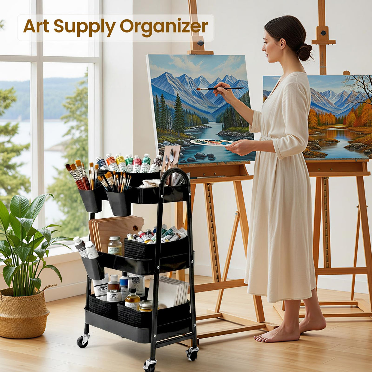 3-Tier Rolling Utility Cart with 4 Woven Baskets, Diaper Book Snack Cart, Storage Organizer for
