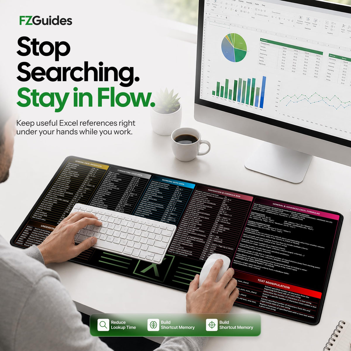 FzGuides Large Excel Cheat Sheet Desk Pad | Excel Pad Shortcut Keys Mouse Mat - Extended Office