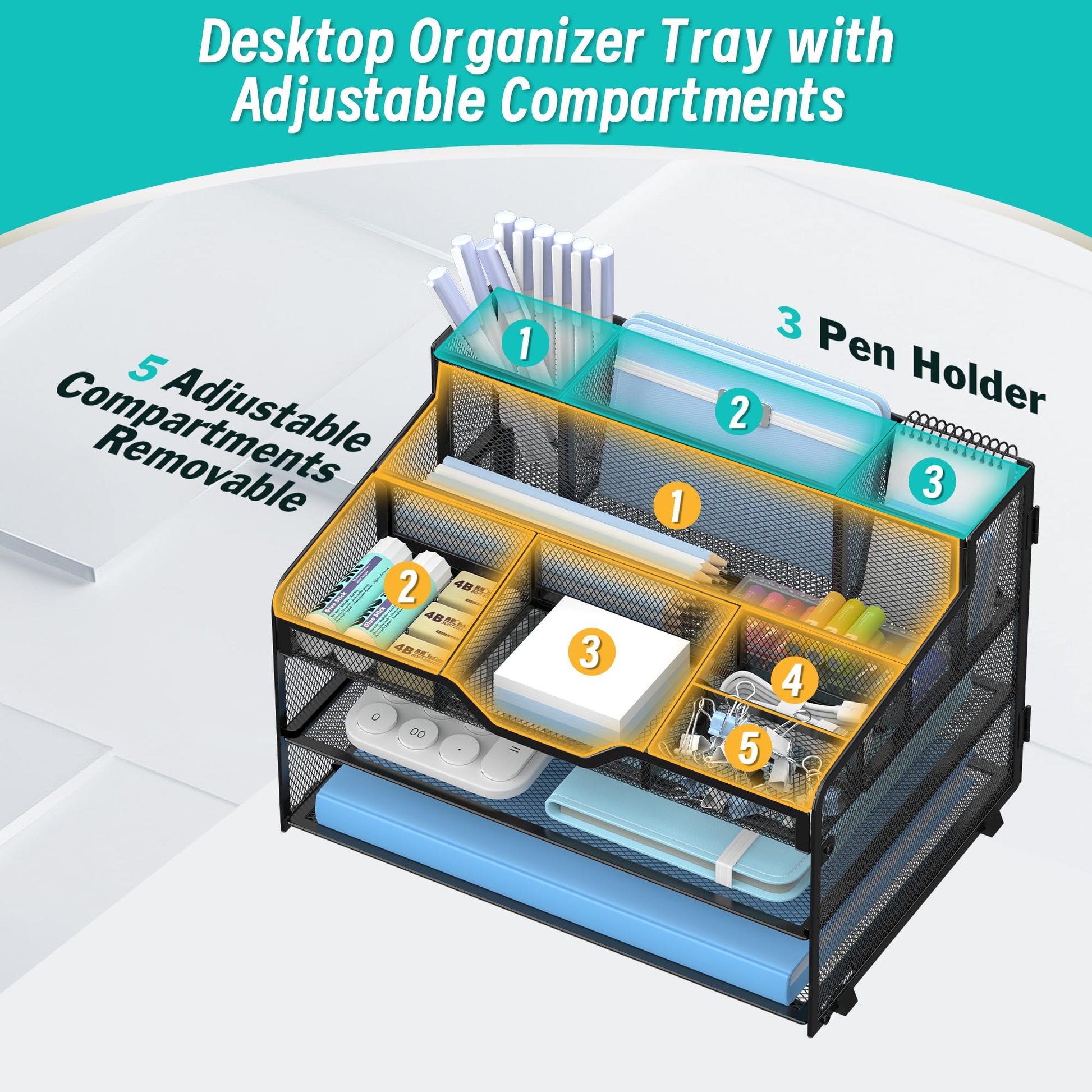 OrgMate 3 Tier Mesh Paper Desk Organizer with Pen Holders, Black