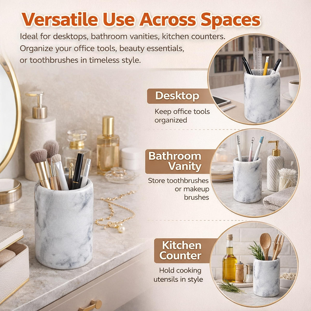 Creative Home White Marble Pen Holder, Heavy Stone Pencil Cup Organizer for Desk