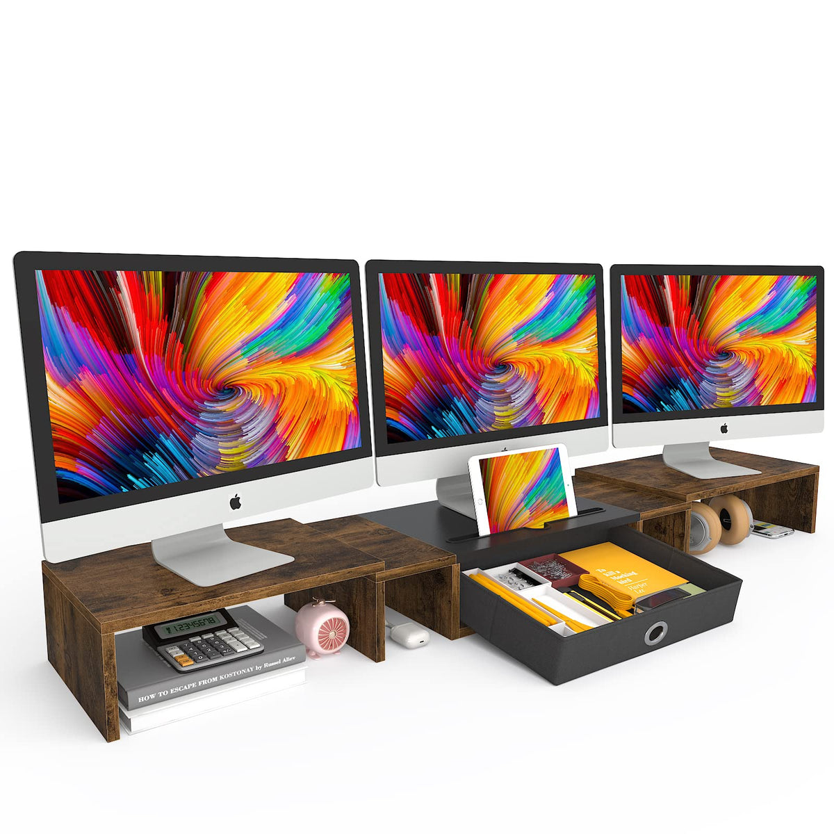 WESTREE Triple Dual Monitor Stand Riser with Drawer,Extra Large Adjustable for 2~3 Monitors,Solt