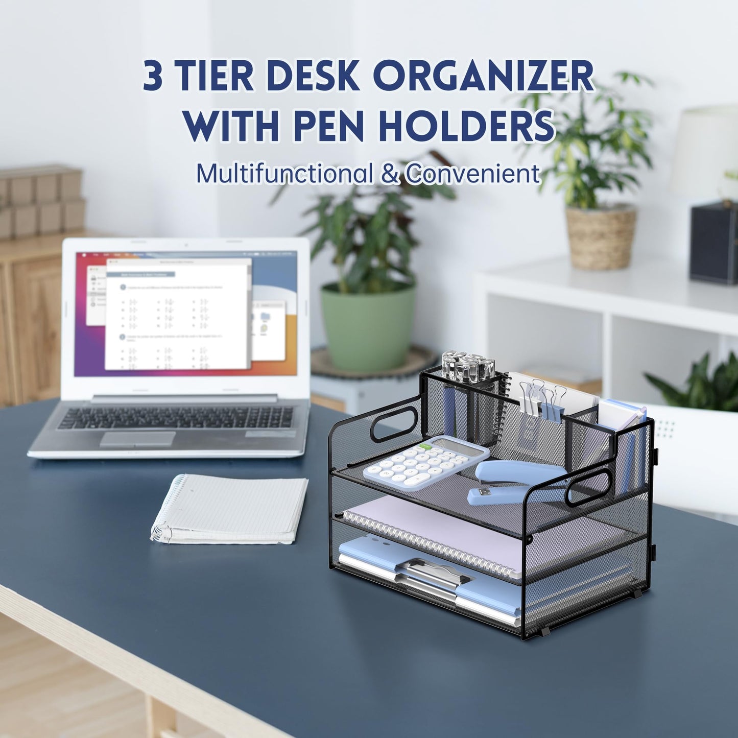 3-Tier Desk Organizer with Pen Holder and Handles, Paper Organizer, Black