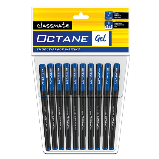 Classmate Octane- Blue Gel Pens (Pack of 10)|Smooth Writing Pens|Water-proof ink for smudge-free