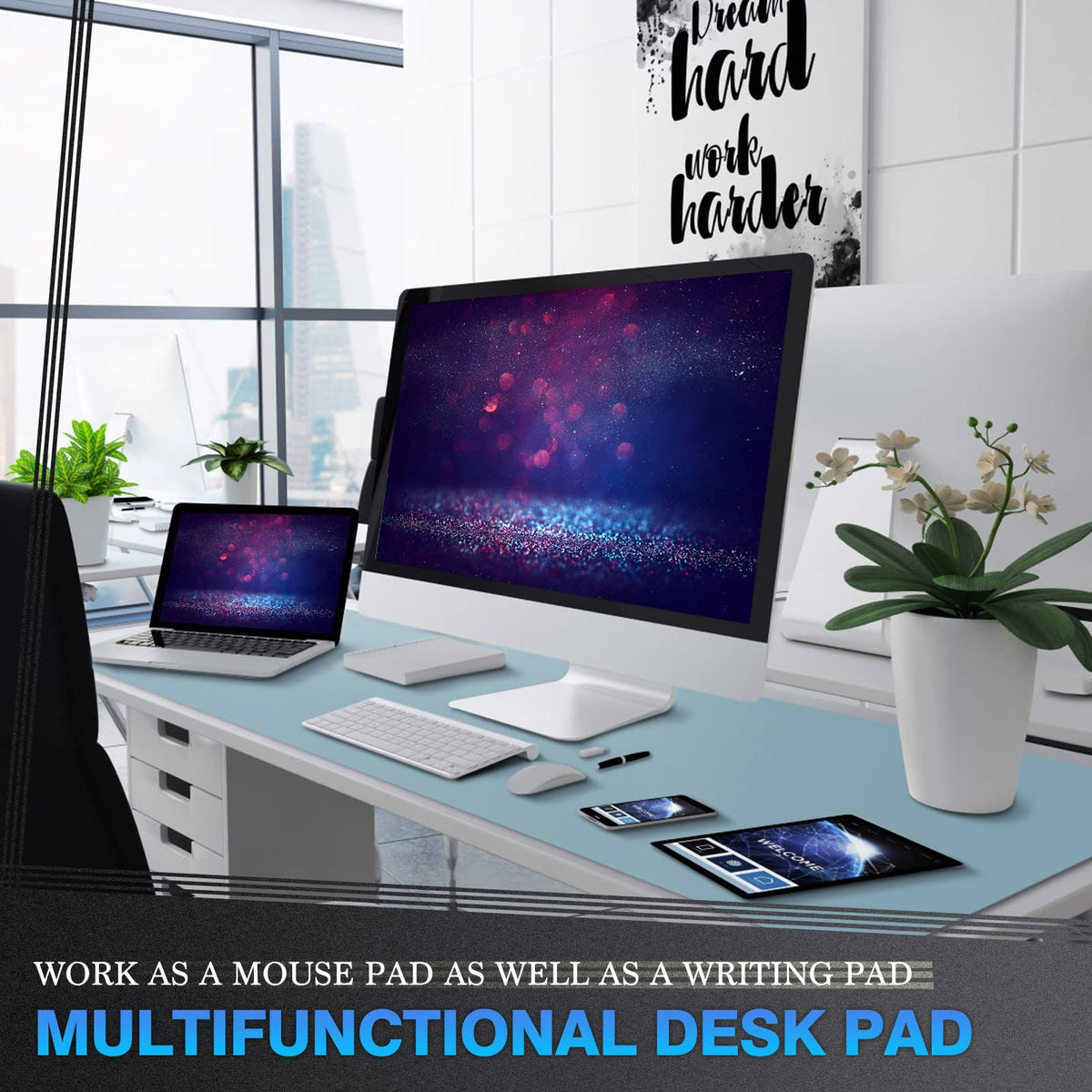 K KNODEL Extra Large Desk Mat, Leather Mouse Pad (47.2"x23.6", Light Blue)