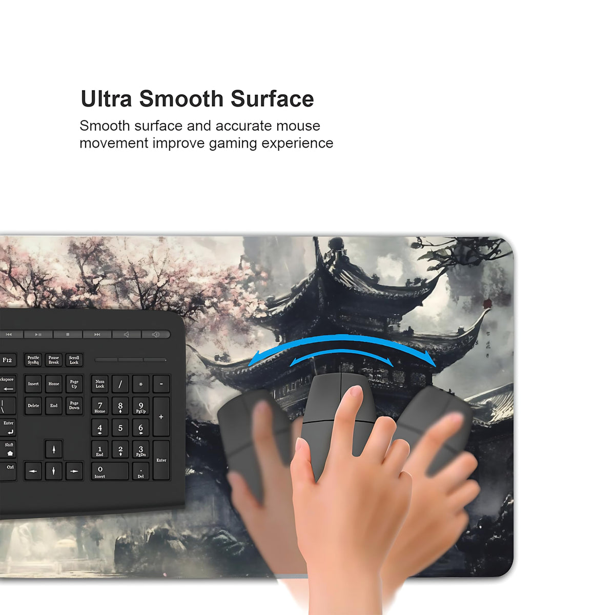 Aesthetic Scenery Gaming Mouse Pad, Black White Japanese Desk Mat with Anti-Slip Base & Stitched