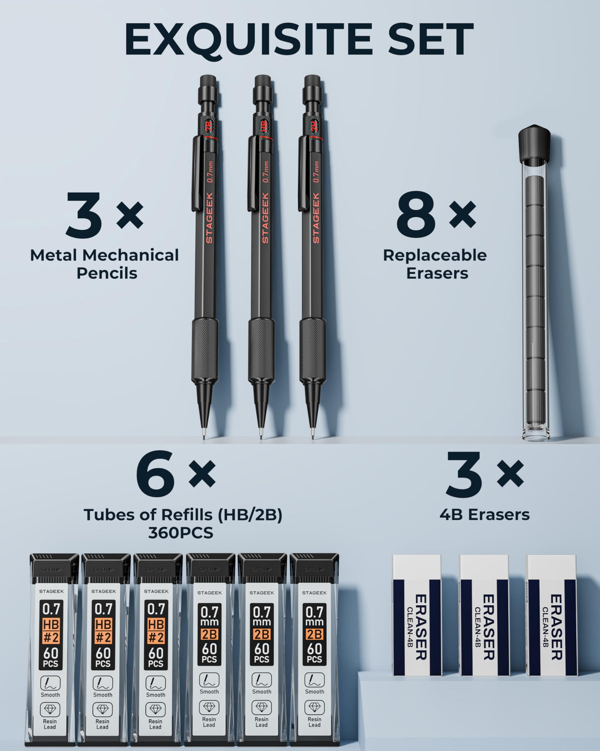 STAGEEK Black Meal Mechanical Pencil Set, 3-Pack, 0.7mm, Storage Case