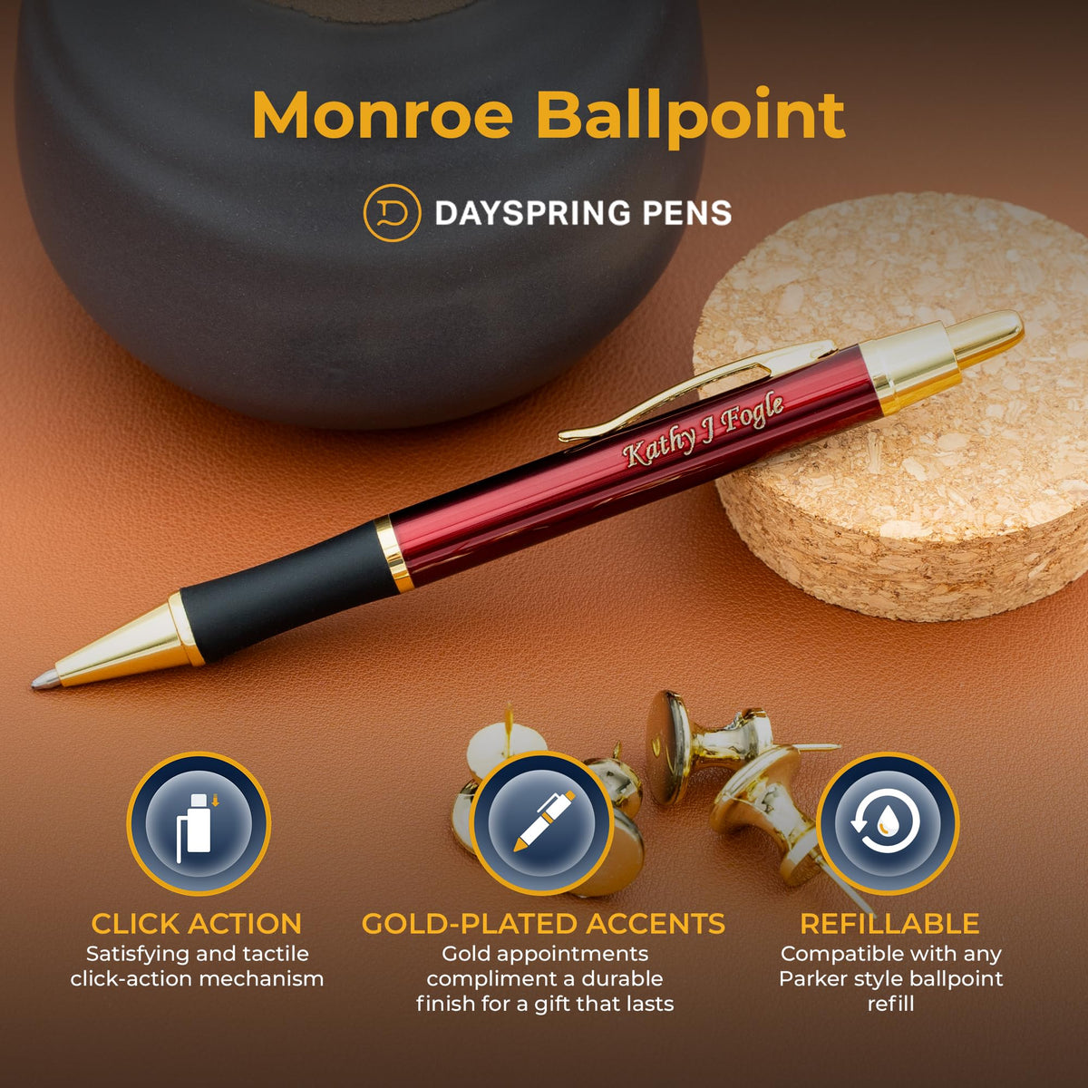 Dayspring Pens Monroe Personalized Ballpoint Pen, Ruby Red, 18k Gold Trim